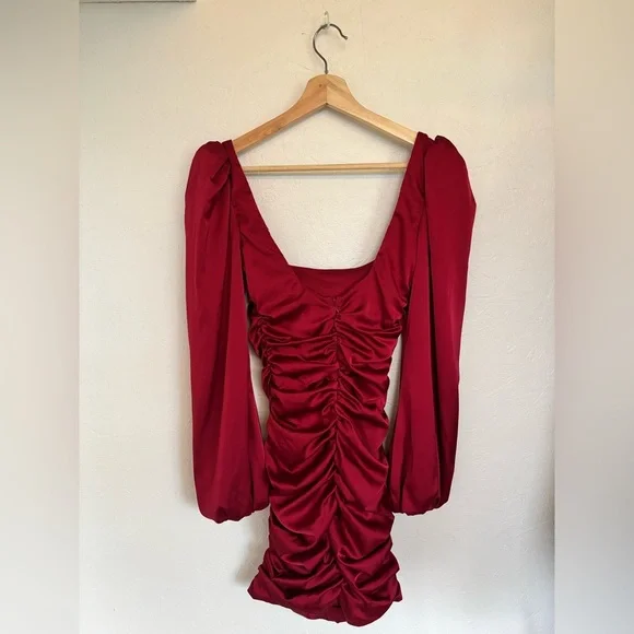 Oh Polly Red Ruched Puff Sleeve Square Neck Satin Effect Holiday Mini Dress - Picture 6 of 13